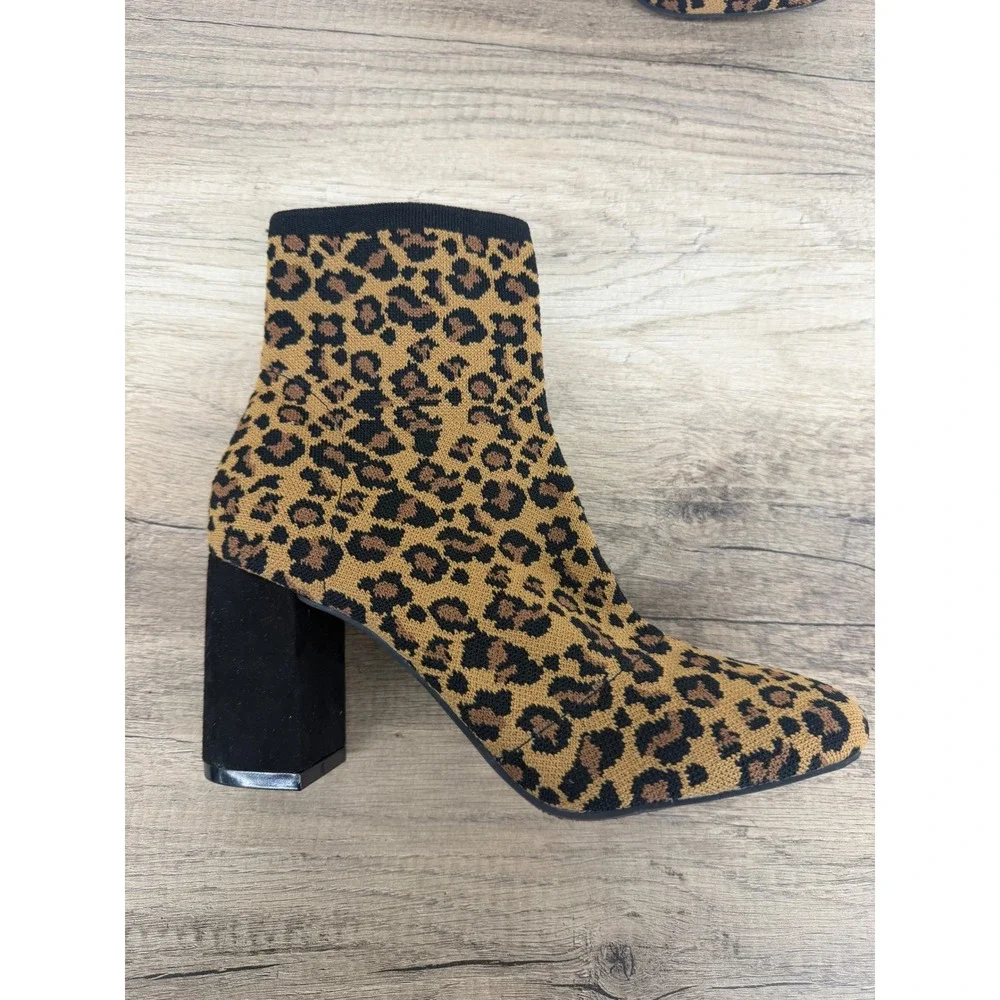 Leopard Print Sock Boots Block Heel Ankle Booties GS7553115Y Erika Tan Black 8.5